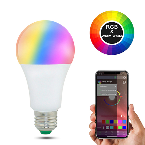 Bombilla inteligente LED E27 RGB regulable, 20 modos, 15W, lámpara mágica Bluetooth RGBW RGBWW, lámpara inteligente B22, Control de música, aplicable a IOS y Android ► Foto 1/6