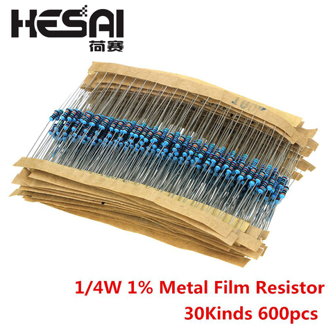 600 unids/set 30 tipos 1/4W resistencia 1% película metálica Resistor Pack surtido Kit 1K 10K 100K 220ohm 1M resistencias 300 unids/set ► Foto 1/6