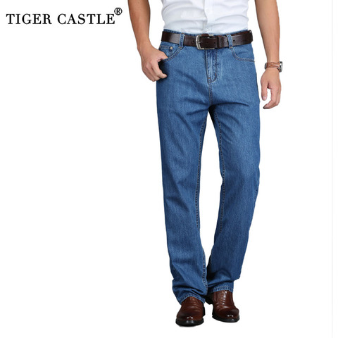 TIGER CASTLE-pantalones vaqueros largos para hombre, Jeans clásicos de algodón, color azul, rectos, ligeros, de calidad, para verano, 100% ► Foto 1/6