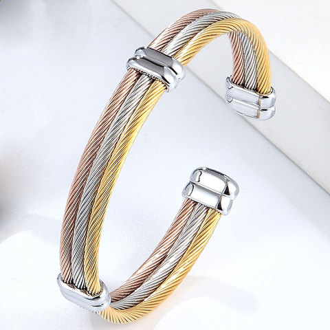 Pulsera de Cable de 4 estilos brazalete de tamaño ajustable para mujer nueva llegada línea de alambre de primavera joyería de acero de titanio al por mayor ► Foto 1/6