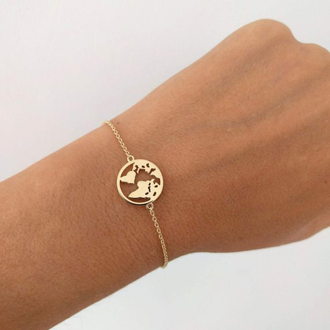 Pulseras de acero inoxidable con mapa del mundo para mujer, joyería de viaje, cadena de oro rosa, regalos de amistad, pulsera de globo, BFF ► Foto 1/6