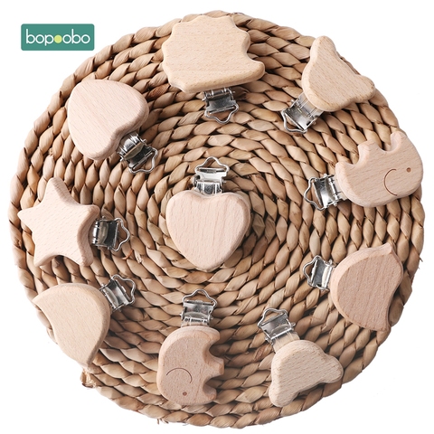 Bopoobo 2 piezas accesorios de bebé Natural madera Animal chupete Clips de Metal soporte chupete de corazón mordedor de bebé de madera ► Foto 1/6