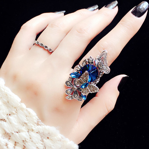 Anillo de piedra de cristal de circonia cúbica azul grande para mujer, joya tridimensional de mariposa, compromiso, joyería de fiesta de lujo ► Foto 1/3
