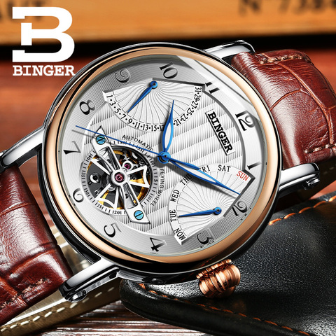 Suiza relojes hombres de lujo marca Binger zafiro negocio correa de cuero resistente al agua relojes mecánicos B-1172-4 ► Foto 1/6