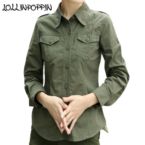 Camisa verde militar para mujer, camisa de manga larga con cuello vuelto, bordada, informal, Ejército ► Foto 1/6