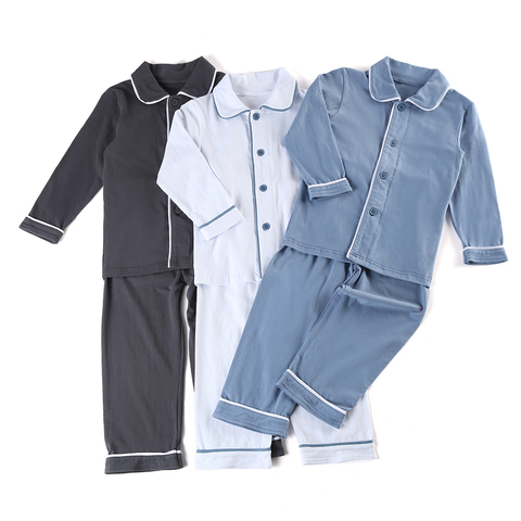 Pijamas de algodón a juego para niños y niñas, ropa de dormir infantil con volante de color sólido, venta al por mayor ► Foto 1/6