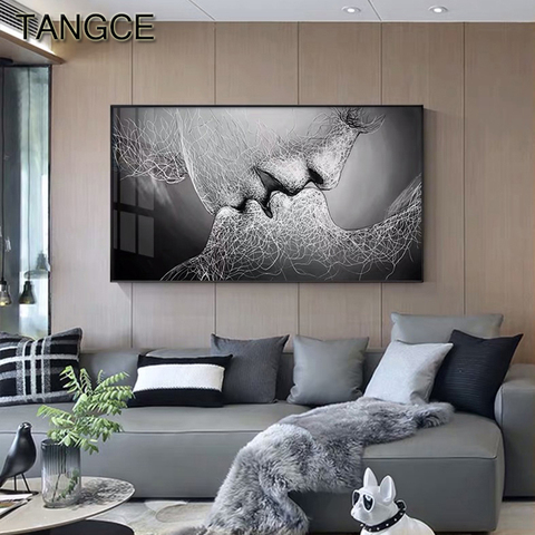 Póster de amantes de líneas creativas abstractas, pintura en lienzo de figura moderna para parejas, imagen para dormitorio, imagen artística de pared en blanco y negro ► Foto 1/6