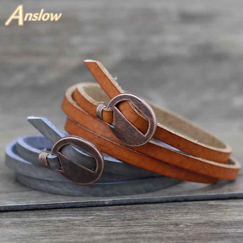 Anslow, nuevo diseño de joyería de moda, venta al por mayor, multicapa, pulsera de cuero envolvente Vintage para hombres y mujeres, 65cm, regalo LOW0232LB ► Foto 1/6