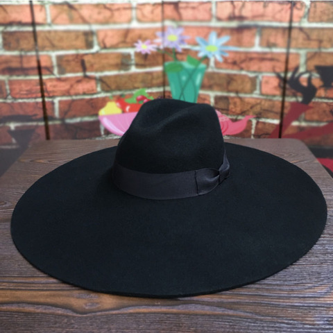 Sombrero de fieltro de lana de ala ancha para mujer, sombrero de invierno de 16cm de ancho, elegante, flexible, cálido, Trilby, cinta de lazo anudado, vestido de Iglesia, boda, Fedora de Jazz ► Foto 1/6