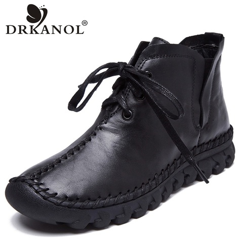 DRKANOL 2022 cálido invierno botas de mujer de cuero genuino suave plana botines de Mujer Zapatos Retro hecha a mano de botas de cuero de H7200 ► Foto 1/6