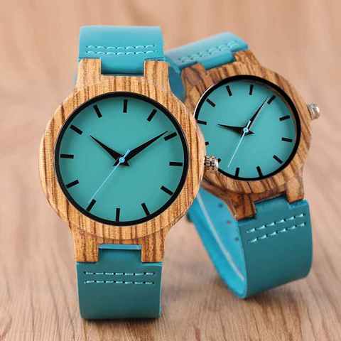 Reloj de madera azul real de lujo reloj de pulsera de cuarzo superior 100% reloj de bambú Natural cuero Casual regalos del Día de San Valentín ► Foto 1/6