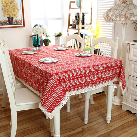 Algodón de lino rojo Navidad mantel con árbol blanco bajo de encaje empalme lavable café mantel de mesa para cenar para banquete de boda ► Foto 1/6