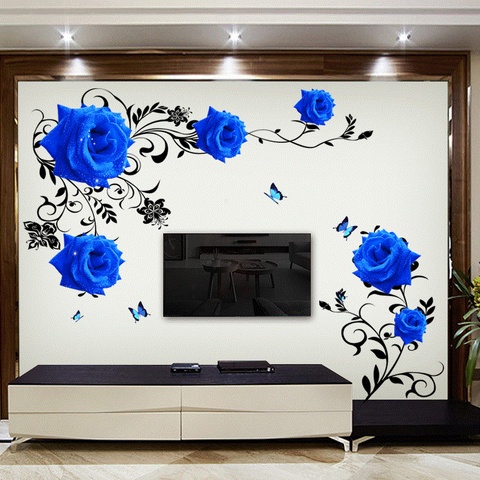 Azul grande Rosa Flores sofá/Adhesivo de pared de fondo TV casa bricolaje decoración dormitorio Mural para sala de estar arte cartel pegatinas ► Foto 1/6