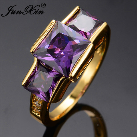 JUNXIN-anillo circón cuadrado para hombre y mujer, piedra grande de lujo, tres anillos circón cuadrado, oro amarillo, piedra púrpura/verde, piedra real, joyería de piedra de nacimiento ► Foto 1/1