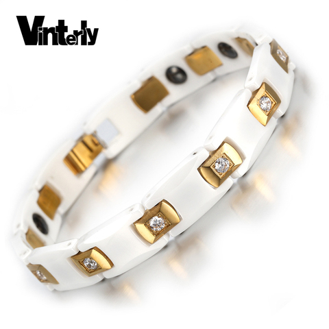 Vinterly-brazalete de piedra CZ para mujer, color dorado, energía de la salud, brazaletes de cerámica, hematita, joyería ► Foto 1/6