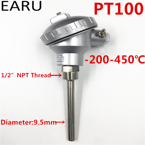 Sensor de temperatura RTD PT100, sonda larga de 9,5x100mm con cabezal de Terminal NPT de 1/2 pulgadas, 50 ~ 450C, termopar personalizado, OEM, 1 ud. ► Foto 1/1