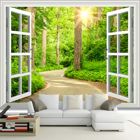 Personalizado 3D foto papel tapiz verde SOL bosque camino ventana naturaleza paisaje pared Mural sala de estar sofá TV Fondo papel tapiz ► Foto 1/6