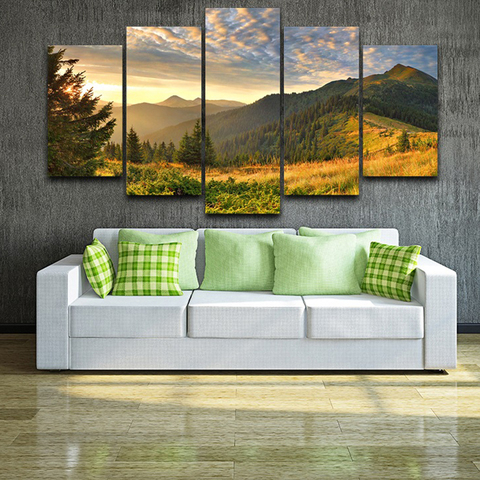 Pintura en lienzo con estampado HD para decoración del hogar, 5 piezas, montaña al atardecer, nubes, naturaleza verde, cartel de paisaje Modular, Marco de Imágenes artísticas para pared ► Foto 1/6