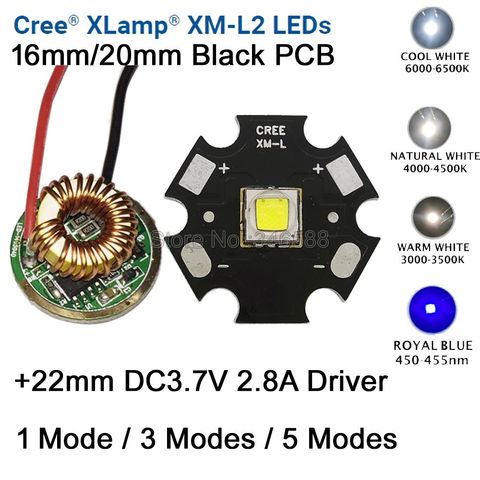 Cree XM-L2-Luz LED T6 XML2 T6, 10W, 20mm, negro, PCB, blanco cálido, blanco neutro + 22mm, 5 modos de controlador para linterna de bricolaje ► Foto 1/6