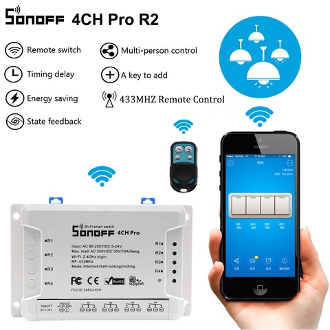 Sonoff 4CH Pro R2 Wifi inteligente interruptor de la luz 4 banda 3 modos de trabajo empujando de enclavamiento de auto-bloqueo RF/Wifi/interruptor funciona con Alexa. ► Foto 1/6