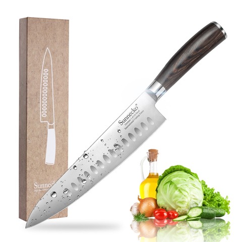 SUNNECKO-cuchillo Santoku de 8,5 pulgadas para Chef, utensilio de cocina para cortar, cuchillo de cocina alemán con hoja de acero 1,4116, Color madera, regalo ► Foto 1/6
