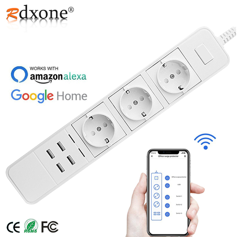 Rdxone-tira de alimentación Wifi inteligente, enchufe con 4 puertos USB, Control por voz, funciona con Alexa's , Google Home, temporizador ► Foto 1/6