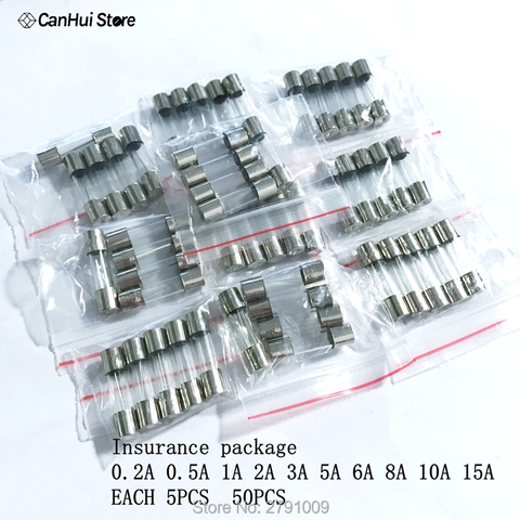 50 unids/lote 10 tipos de 5mm x 20mm de cristal rápido Kit de fusibles en el paquete 0.2A 0.5A 1A 2A 3A 5A 6A 8A 10A 15A/250 V 5*20 seguro Paquete de tubo ► Foto 1/6