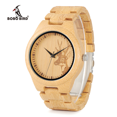 BOBO BIRD-Reloj de madera de bambú natural WD28, accesorio de pulsera de cuarzo, complemento analógico con diseño de cabeza de ciervo tallado en la esfera, incluye caja de regalo ► Foto 1/6