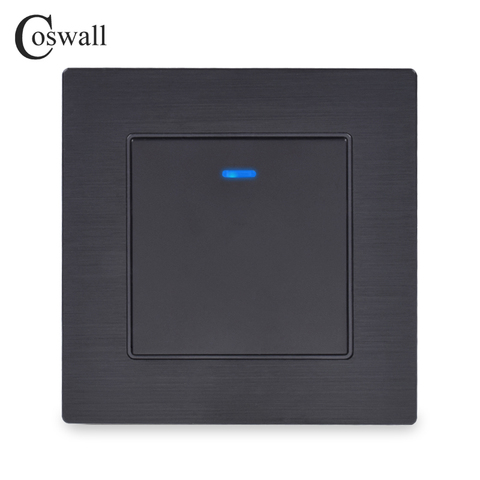 Coswall-interruptor de luz de pared con indicador LED, tecla cuadrada de lujo, 1 entrada y 1 vía, Panel de Metal de aluminio negro ► Foto 1/3