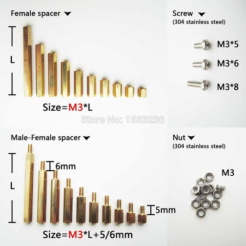 25 uds sólido latón cobre puro M3 hexagonal columna separador apoyo M-F F-F macho-hembra tornillo tuerca placa PCB M3x5-40 + 6mm ► Foto 1/5