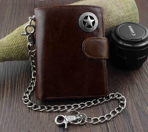 Billetera Vintage de cuero genuino para hombre, monedero con llavero de Metal, café/negro ► Foto 1/6