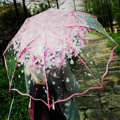 Paraguas plegable lluvia para mujer, sombrilla gruesa transparente de plástico PVC con tres paraguas para lluvia, flores de cerezo japonesas - Historial de precios y revisión | Vendedor de AliExpress -