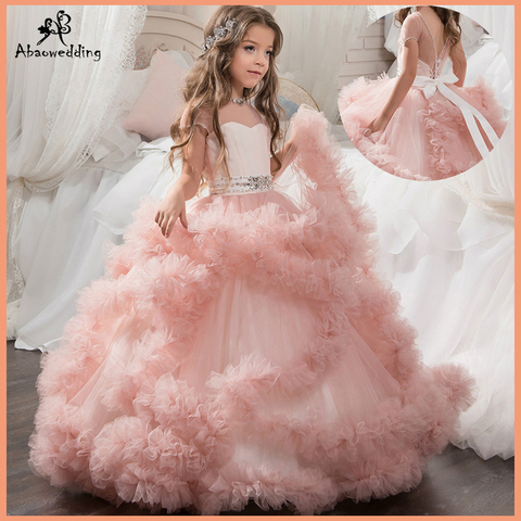 Aibaowedding Fancy Puffy Pink Pageant vestidos para niñas Long Kids Ball vestidos Vestido de tul flor chica vestidos para boda ► Foto 1/6
