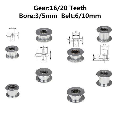 Accesorios de impresora 3D GT2 16/20 dientes correa de transmisión poleas polea de distribución aluminio agujero 5mm ajuste para 2GT cinturón ancho 6mm ► Foto 1/2