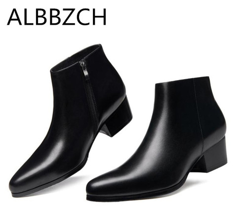 Otoño Invierno nuevo mens 5 CM de alto tacón caliente Botines de cuero genuino zapatos de los hombres de negocios vestido botas de trabajo negro zapatos de boda ► Foto 1/6