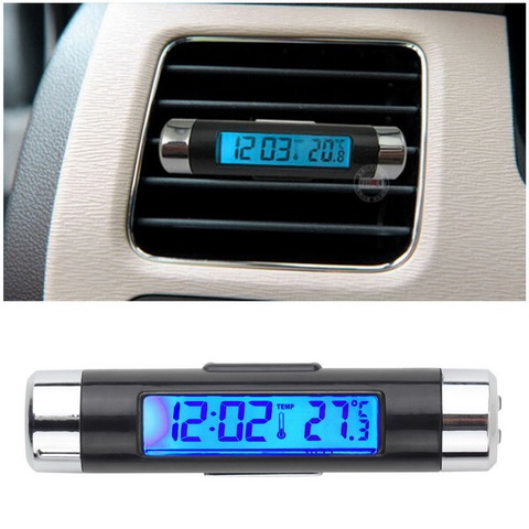 2 en 1 Uds azul luz reloj de termómetro para coche LCD Clip-En luminoso Digital de luz del coche del automóvil reloj calendario caliente ► Foto 1/6