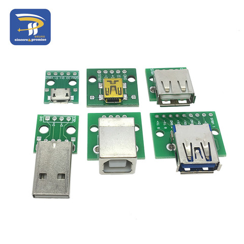 6 uds. De conector USB macho/MINI MICRO USB A Adaptador DIP, conector hembra de 2,54mm y 5 pines, convertidor de PCB hembra B Tipo USB2.0 ► Foto 1/6