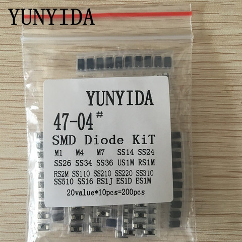 Lote de 200 unidades de diodos surtidos SMD, conjunto de 20 unidades de valor * 10 unidades con SS110, SS220, SS210, SS510, SS16, SS26, SS34, SS36, ES1J, ES1D, M7, M4 y US1M ► Foto 1/2