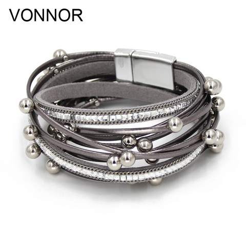 VONNOR-pulsera multicapa de piel con perlas de imitación para mujer, brazalete de amistad, regalo para mujer ► Foto 1/6