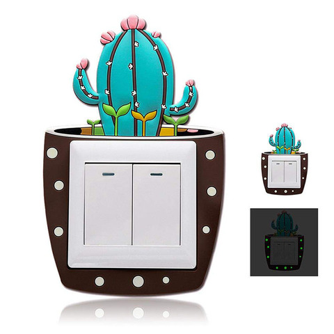 Pegatinas 3D de dibujos animados para niños, pegatinas de pared fluorescente de Cactus, interruptor de encendido y apagado, decoración luminosa para el hogar ► Foto 1/6