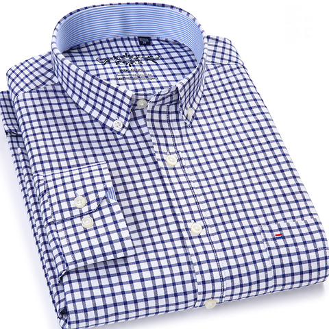 Camisa básica con botones Oxford a cuadros para hombre, camisa básica de un solo Bolsillo tipo parche, informal con contraste grueso, camisas de manga larga ► Foto 1/6