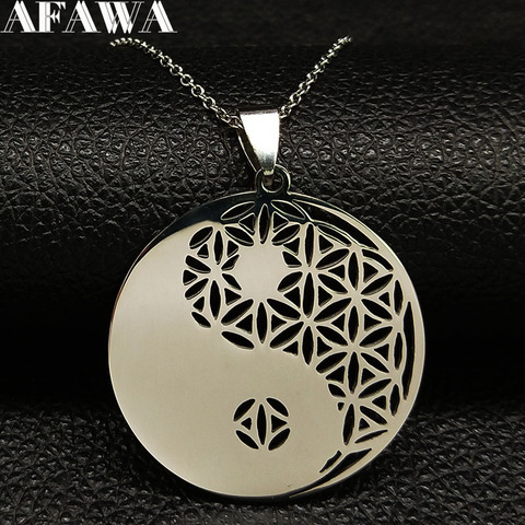 Collar largo de acero inoxidable 2022 Yin Yang Flower of Life para mujer, collares y colgantes de Color plateado, bisutería N428S02 ► Foto 1/6