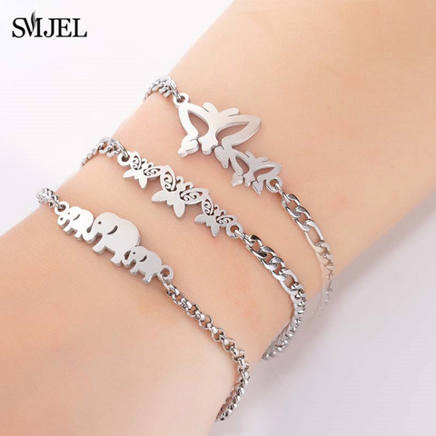 SMJEL-Pulseras con elefante de acero inoxidable para bebé, brazaletes, cadena multicapa, mariposa, regalo para mujer ► Foto 1/6