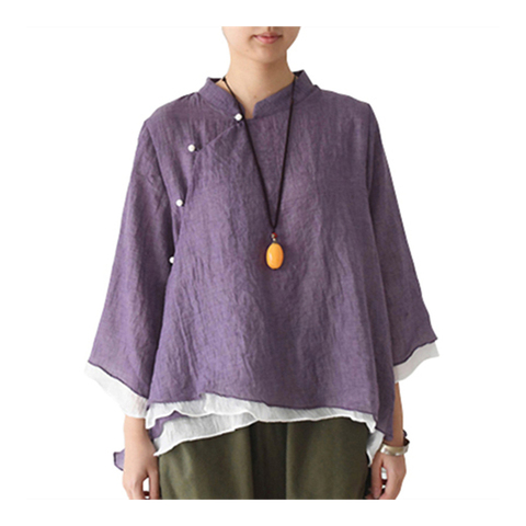 Johnature mujeres estilo chino camisas Stand Collar Casual blusas 2022 primavera nueva Loose Vintage Tops breve camisa Irregular ► Foto 1/6