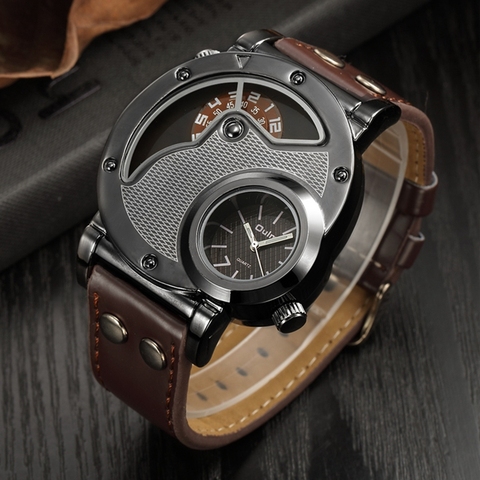 Oulm marca de diseñador relojes de lujo para los hombres doble horario reloj de cuarzo de cuero de hombre Casual reloj hombre reloj relogio masculino ► Foto 1/6