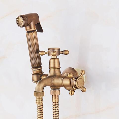 Pulverizador de asiento de inodoro de bronce antiguo, juego de ducha higiénica, grifo de bidé portátil con soporte de ducha de latón, manguera de 1,5 m ► Foto 1/1