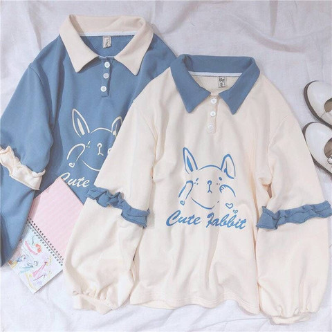 Suave chicas lindo conejo femenino Hoodies japonés Kawaii conejito gráfico Vintage mujeres sudadera Kpop manga larga ropa de volantes ► Foto 1/5