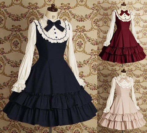 Dulce vestido de Lolita clásico de las mujeres de manga larga vestido Vintage vestido con volantes ► Foto 1/5