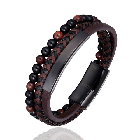 Pulsera de cuero trenzado para hombre, joyería masculina, brazalete de cuentas Tiger ee, cierres magnéticos de acero inoxidable negro ► Foto 1/6