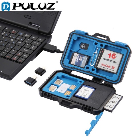 Lector de tarjetas PULUZ + memoria impermeable 22 en 1/caja de tarjeta SD caja de almacenamiento para 1 SIM estándar + 2Micro-SIM + 2Nano-SIM + 7SD + 6TF + 1 PIN de tarjeta ► Foto 1/6